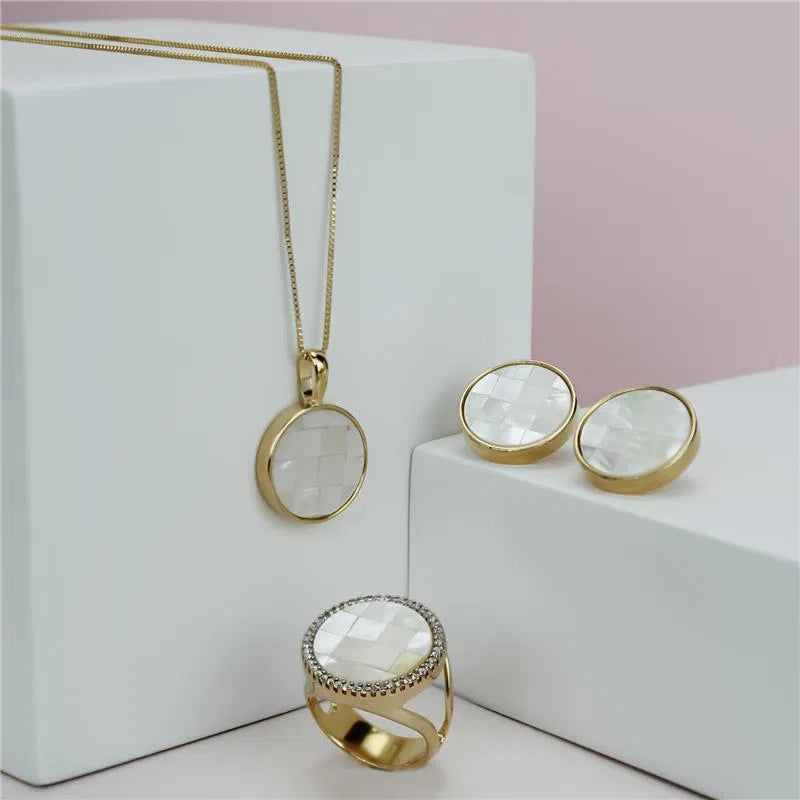 18K Gold-Plated Mother of Pearl Jewelry Set | Mosaic Gemstone Circle Earrings & Pendant