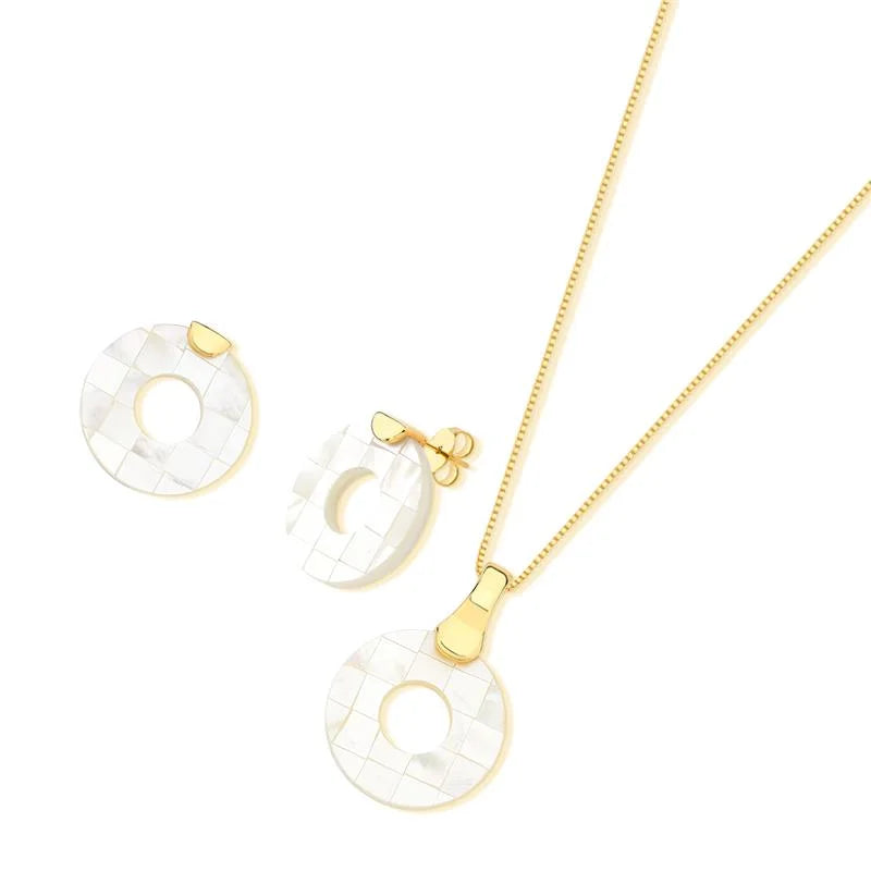 18K gold-plated set of earrings and necklace with mosaic mother of pearl gemstones