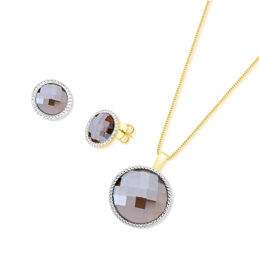 Pearl-Effect Natural Stone Jewelry Set – Round Pendant & Earrings with Venetian Chain