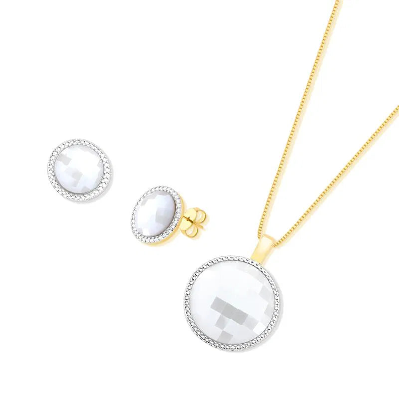 Pearl-Effect Natural Stone Jewelry Set – Round Pendant & Earrings with Venetian Chain