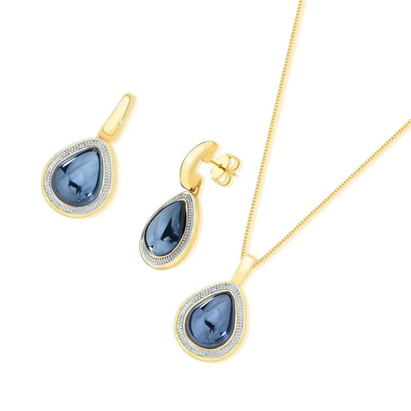 18K Gold-Plated Necklace & Earrings Set — Pearl-Effect Rhodium White Jewelry