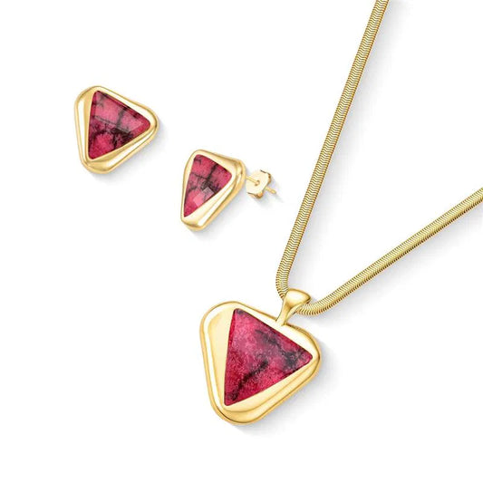 Rhodonite Gold-Plated Necklace & Earrings Set — Geometric Faceted Gemstone Jewelry