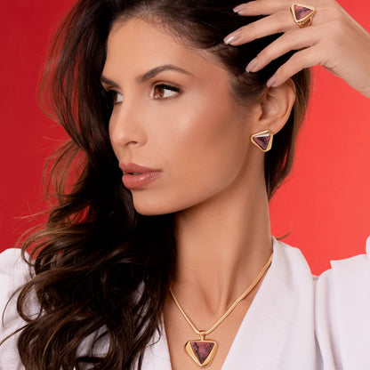 Rhodonite Gold-Plated Necklace & Earrings Set — Geometric Faceted Gemstone Jewelry