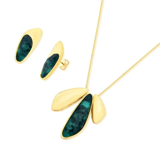18K gold-plated earrings and necklace set with emerald gemstone