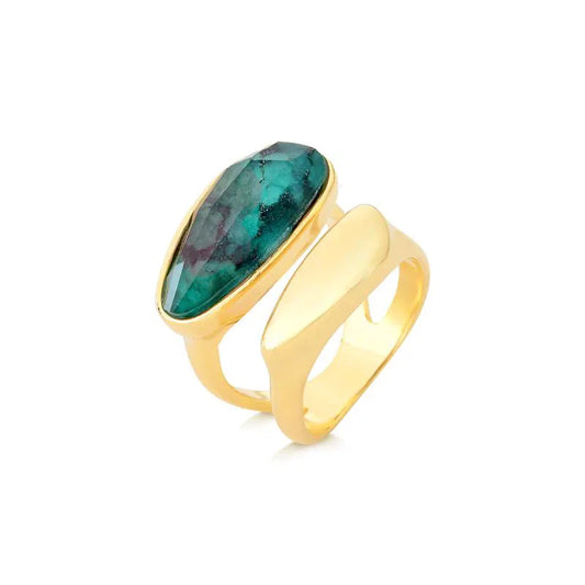 Emerald Gemstone Gold-Plated Ring – Modern Split Band Statement Jewelry