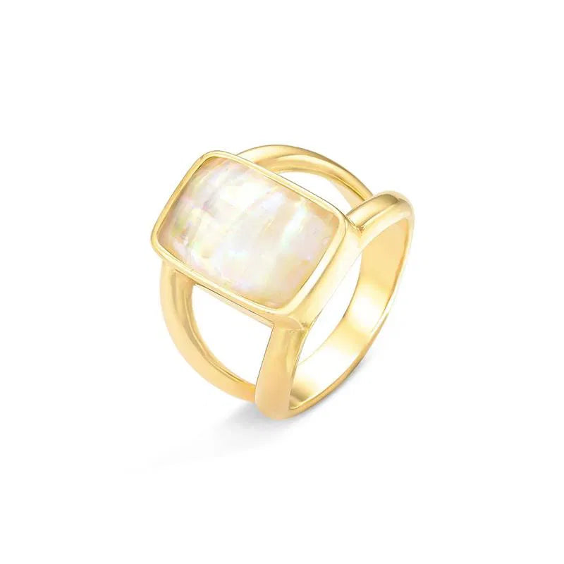 Elegant 18K Gold-Plated Statement Ring with Sea Opal Gemstone — Premium Polished Finish