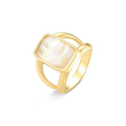 Elegant 18K Gold-Plated Statement Ring with Sea Opal Gemstone — Premium Polished Finish
