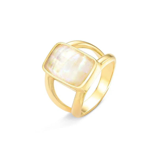Elegant 18K Gold-Plated Statement Ring with Sea Opal Gemstone — Premium Polished Finish