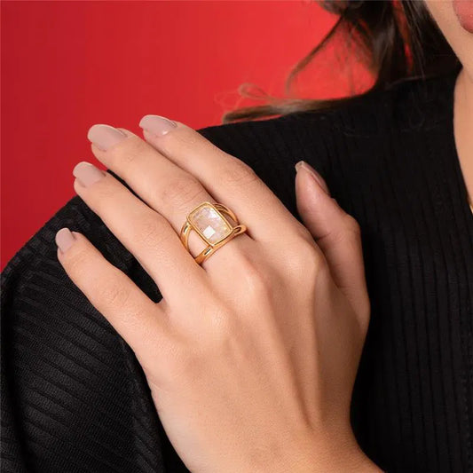 Elegant 18K Gold-Plated Statement Ring with Sea Opal Gemstone — Premium Polished Finish