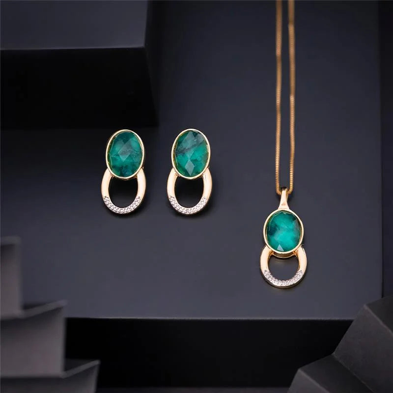 18K gold-plated earrings and necklace set with emerald gemstone