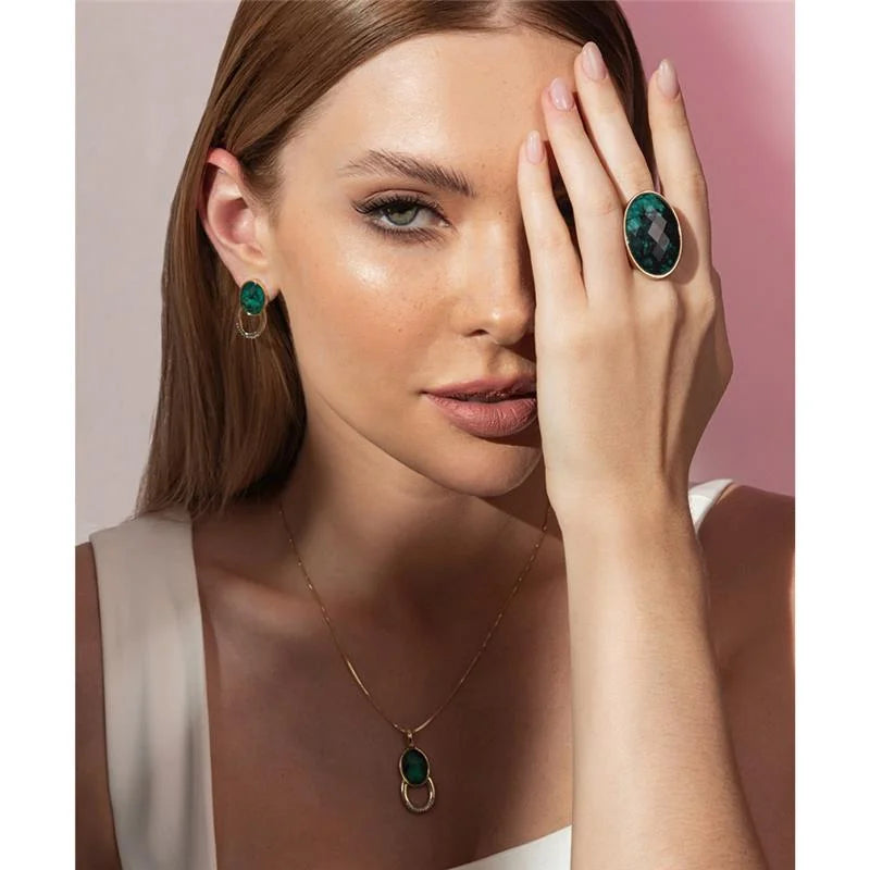 18K gold-plated earrings and necklace set with emerald gemstone