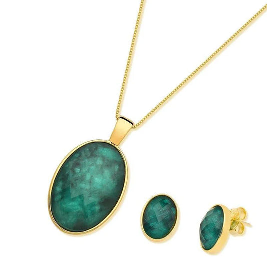 18K Gold-Plated Emerald Jewelry Set — Oval Pendant Necklace & Stud Earrings