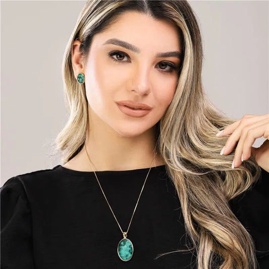 18K Gold-Plated Emerald Jewelry Set — Oval Pendant Necklace & Stud Earrings