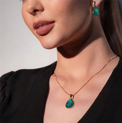 18K Gold-Plated Teardrop Emerald Jewelry Set | Earrings & Necklace