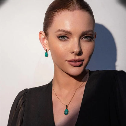 18K Gold-Plated Teardrop Emerald Jewelry Set | Earrings & Necklace