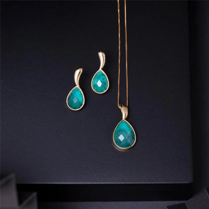 18K Gold-Plated Teardrop Emerald Jewelry Set | Earrings & Necklace