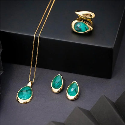 18K Gold-Plated Emerald Teardrop Jewelry Set | Elegant Matching Set