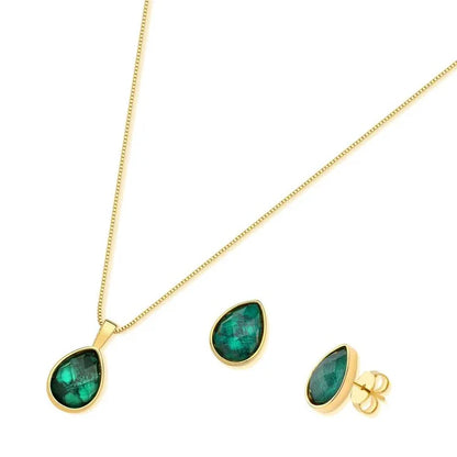 18K gold-plated set of earrings and necklace with a teardrop-shaped emerald gemstones