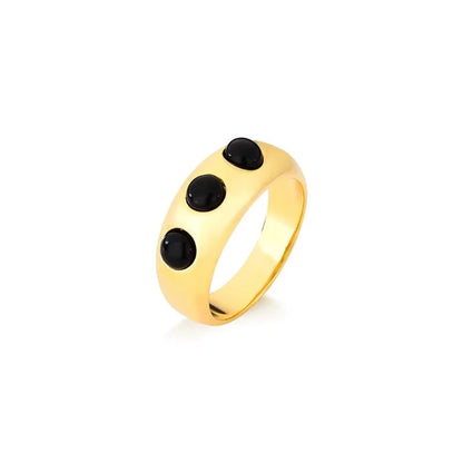 18K gold-plated ring with  black agate cabochon gemstones