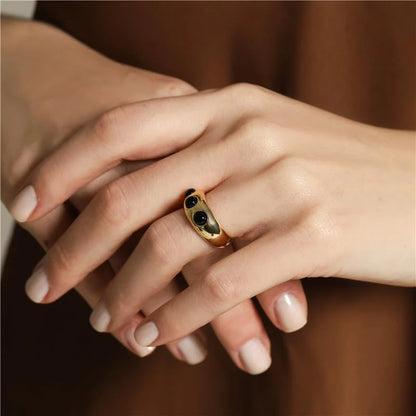 18K gold-plated ring with  black agate cabochon gemstones