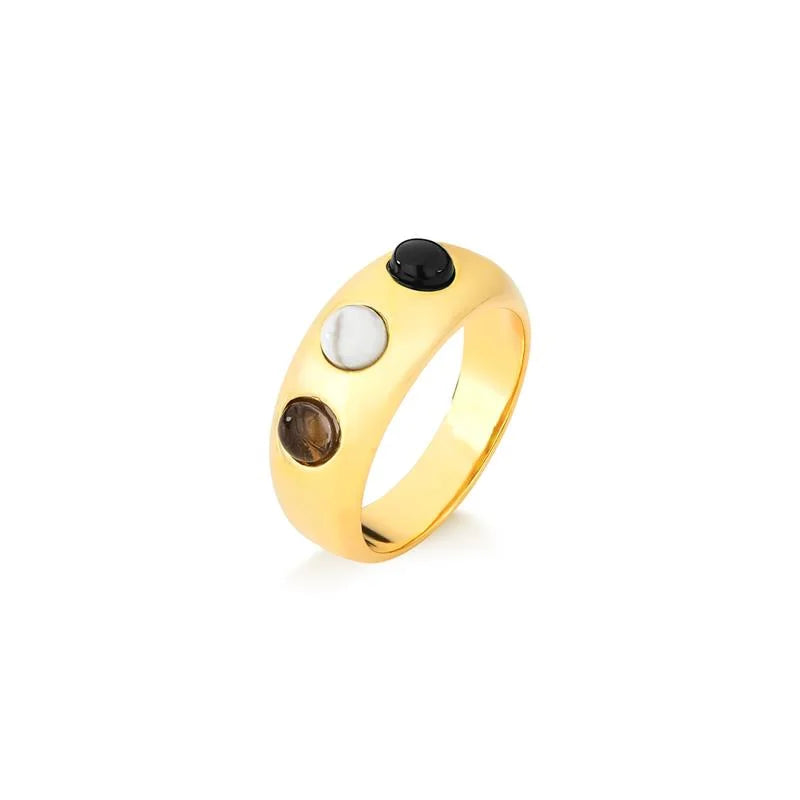 18K gold-plated ring with  black agate cabochon gemstones