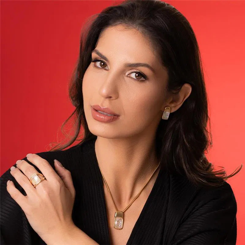 18K Gold-Plated Statement Earrings with Sea Opal Gemstones — Elegant Faceted Gemstone Drop Earrings