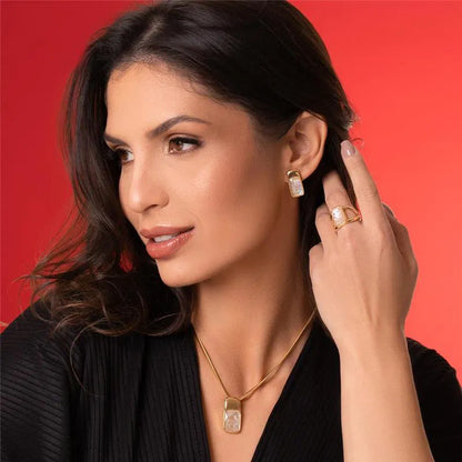 18K Gold-Plated Statement Earrings with Sea Opal Gemstones — Elegant Faceted Gemstone Drop Earrings