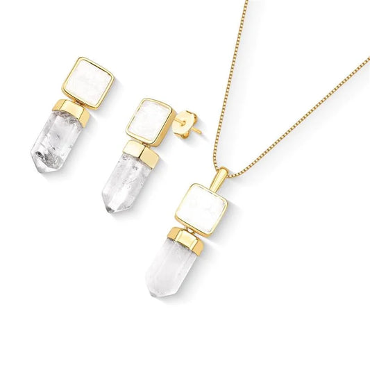 18K gold-plated set with earrings and necklace with selenite and rock crystal gemstones