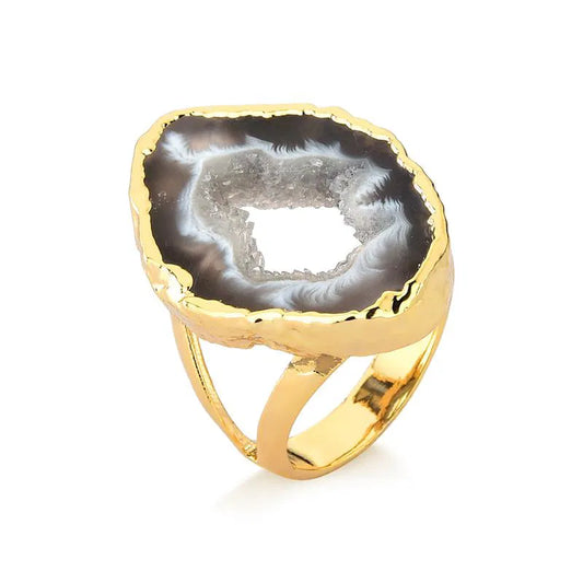 Gold-Plated Natural Geode Ring — Unique Druzy Statement Jewelry