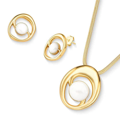 18K Gold-Plated Pearl Porcelain Gemstone Jewelry Set | Earrings & Necklace
