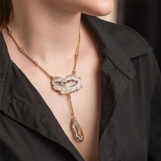 18K gold-plated necklace with natual geode gemstones