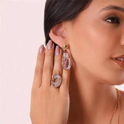 18K gold-plated dangle earrings with natural geode gemstone