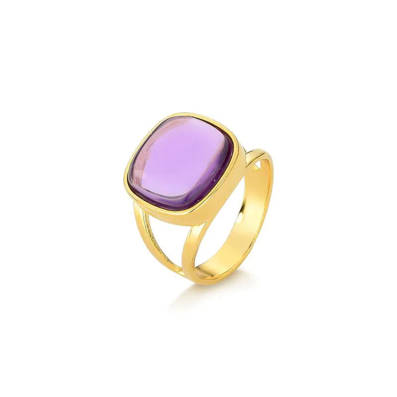 18K Gold-Plated Amethyst Ring | Square Gemstone Statement Ring for Women