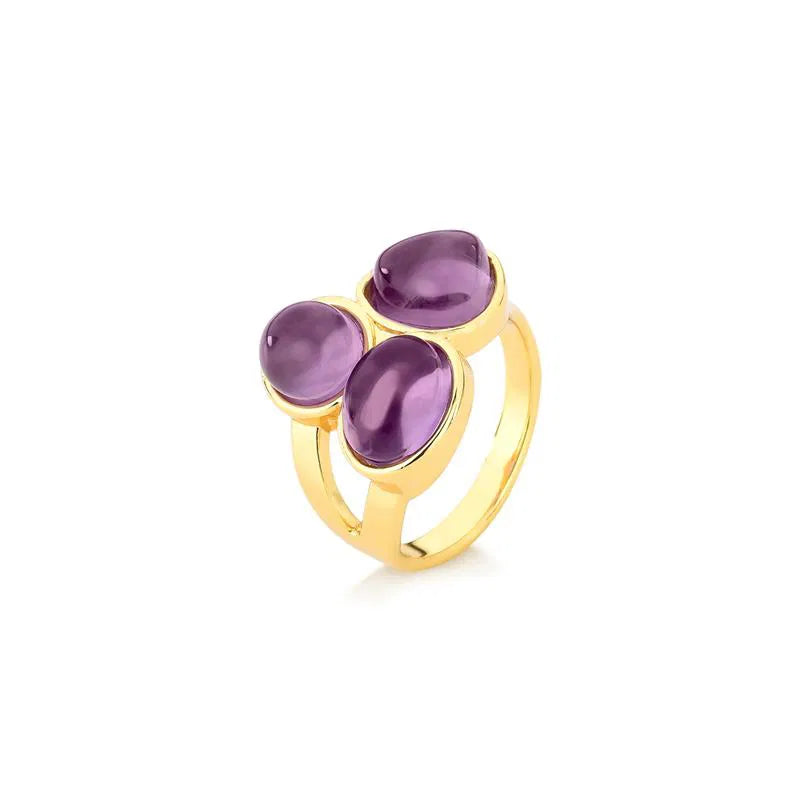 18K Gold-Plated Amethyst Ring | Teardrop & Round Cabochon Gemstone Statement Ring