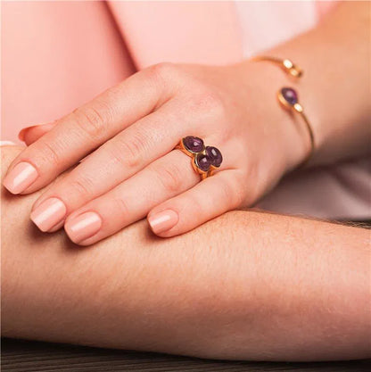 18K Gold-Plated Amethyst Ring | Teardrop & Round Cabochon Gemstone Statement Ring