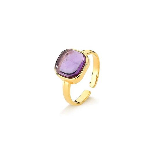 18K Gold-Plated Amethyst Adjustable Ring — Elegant Violet Gemstone Statement Jewelry