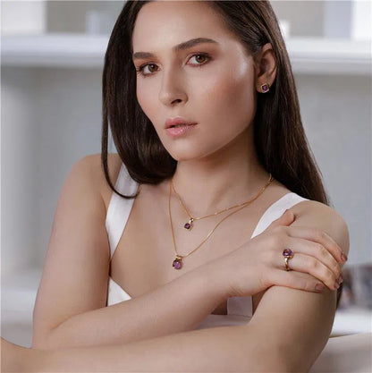 18K Gold-Plated Amethyst Adjustable Ring — Elegant Violet Gemstone Statement Jewelry