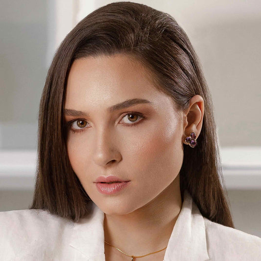 18K gold-plated stud earrings with genuine amethyst gemstones