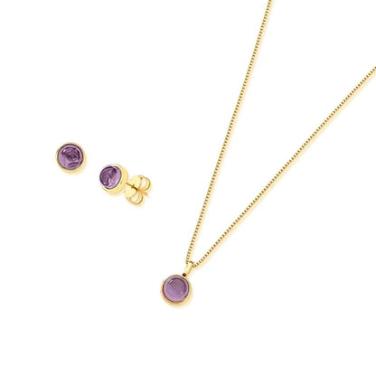 18K gold-plated set of earrings and necklace with amethyst gemstones