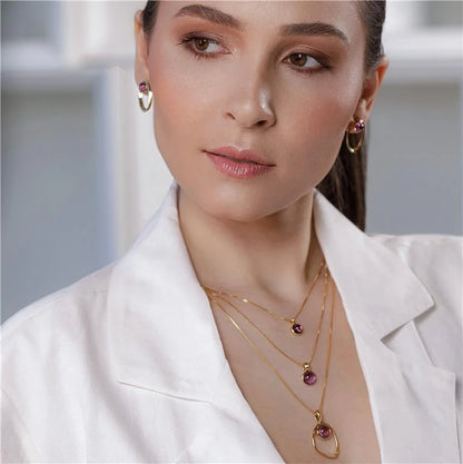 18K gold-plated set of earrings and necklace with amethyst gemstones