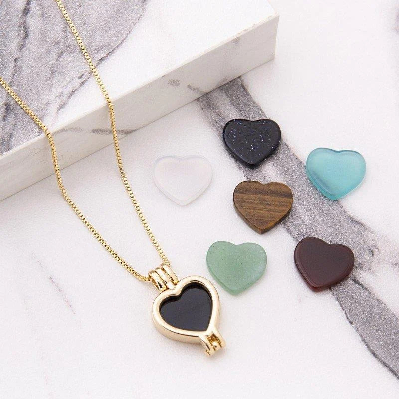 Heart-shaped locket combo necklace with seven natural stone plates