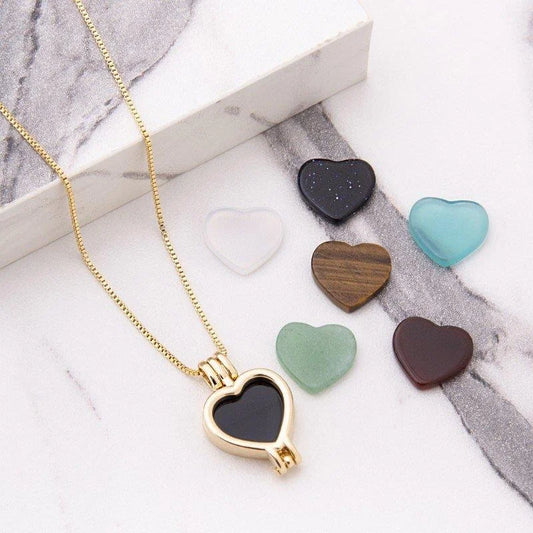 Heart-shaped locket combo necklace with seven natural stone plates