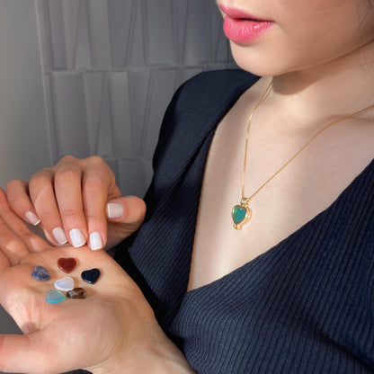 Heart-shaped locket combo necklace with seven natural stone plates