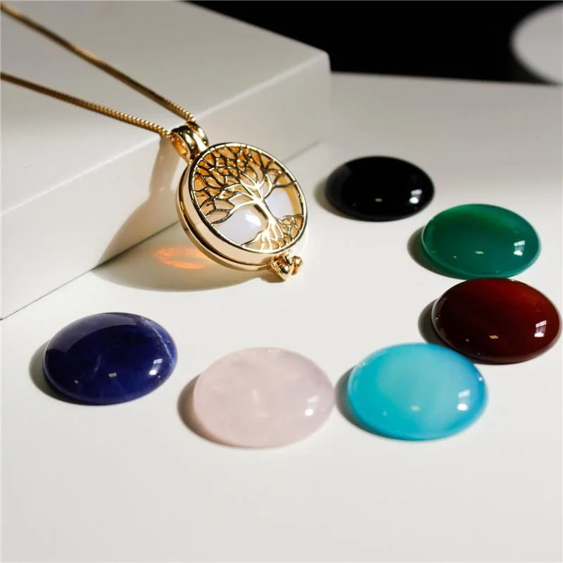 18K gold-plated necklace combo adorned with Tree of Life and seven round gemstones