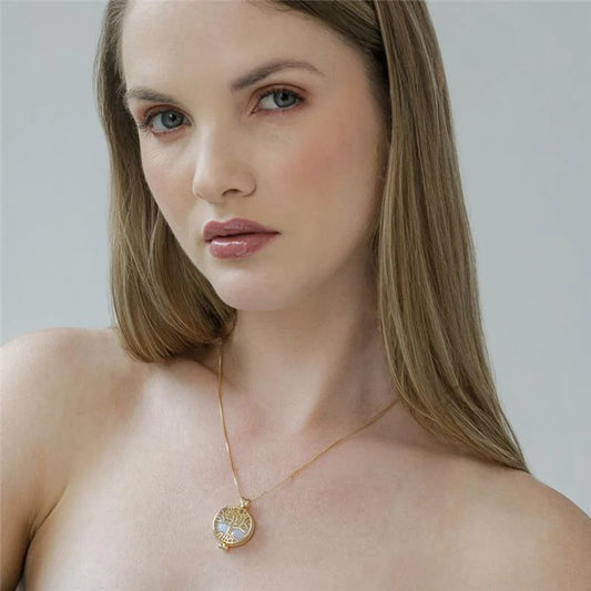 18K gold-plated necklace combo adorned with Tree of Life and seven round gemstones