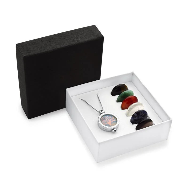 18K gold-plated necklace combo adorned with Tree of Life and seven round gemstones