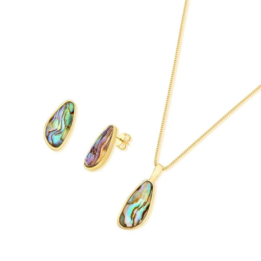 18K gold-plated set of earrings and necklace with abalone gemstones
