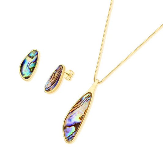 18K gold-plated set of earrings and necklace with abalone gemstones