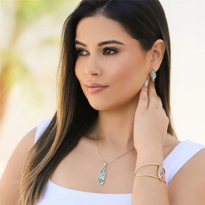 18K gold-plated set of earrings and necklace with abalone gemstones