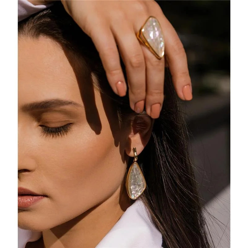 18K gold-plated dangle earrings with sizable sea opala nautilus gemstone